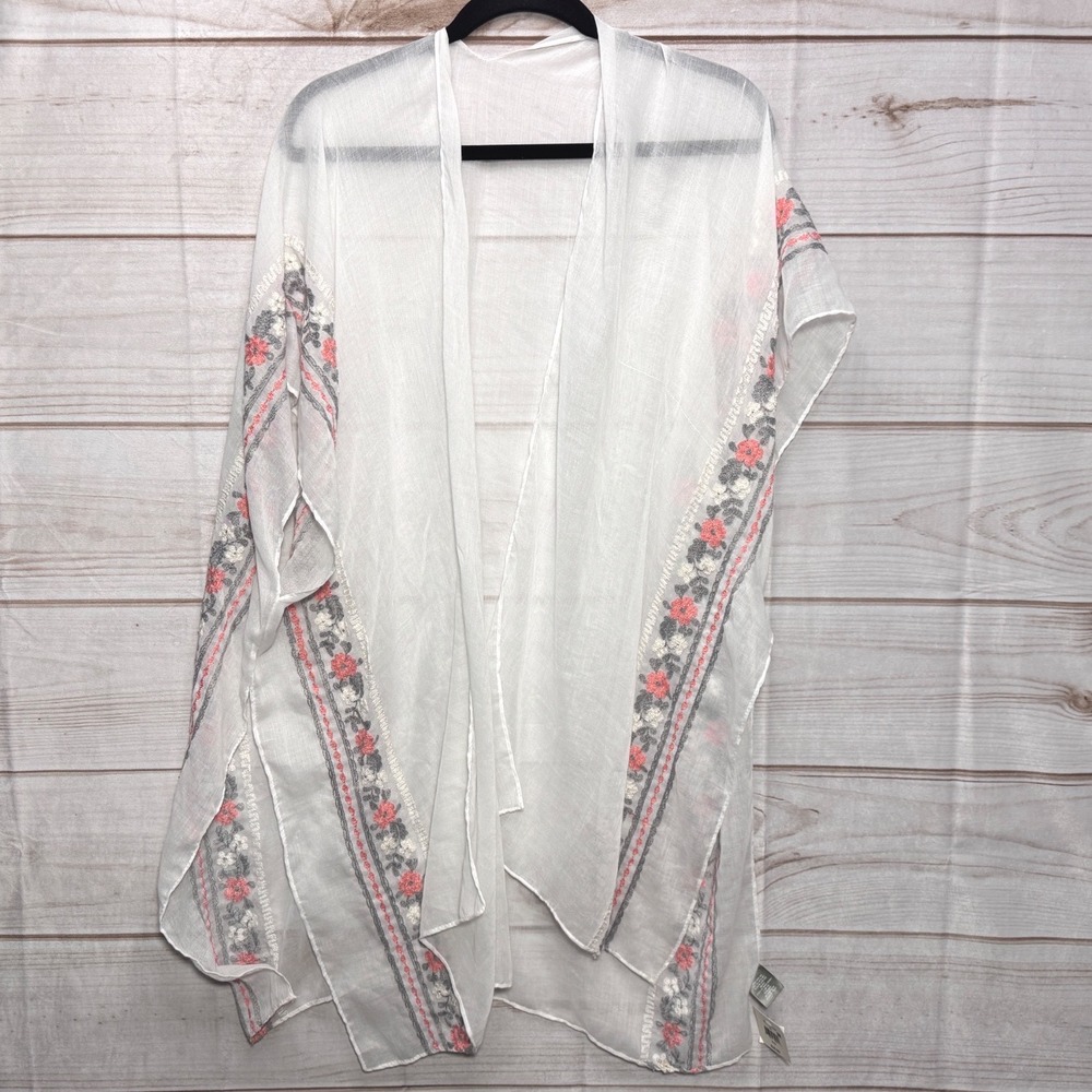 Falls Creek White Sheer Floral Embroidered Ruana Wrap One Size NWT